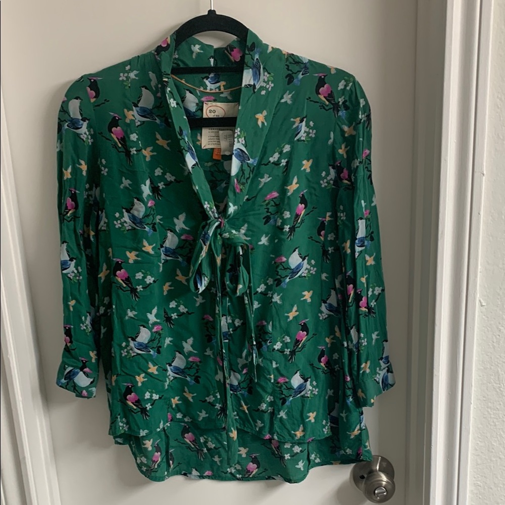 Anthropologie Green Sailor Collar Tie Front Blouse